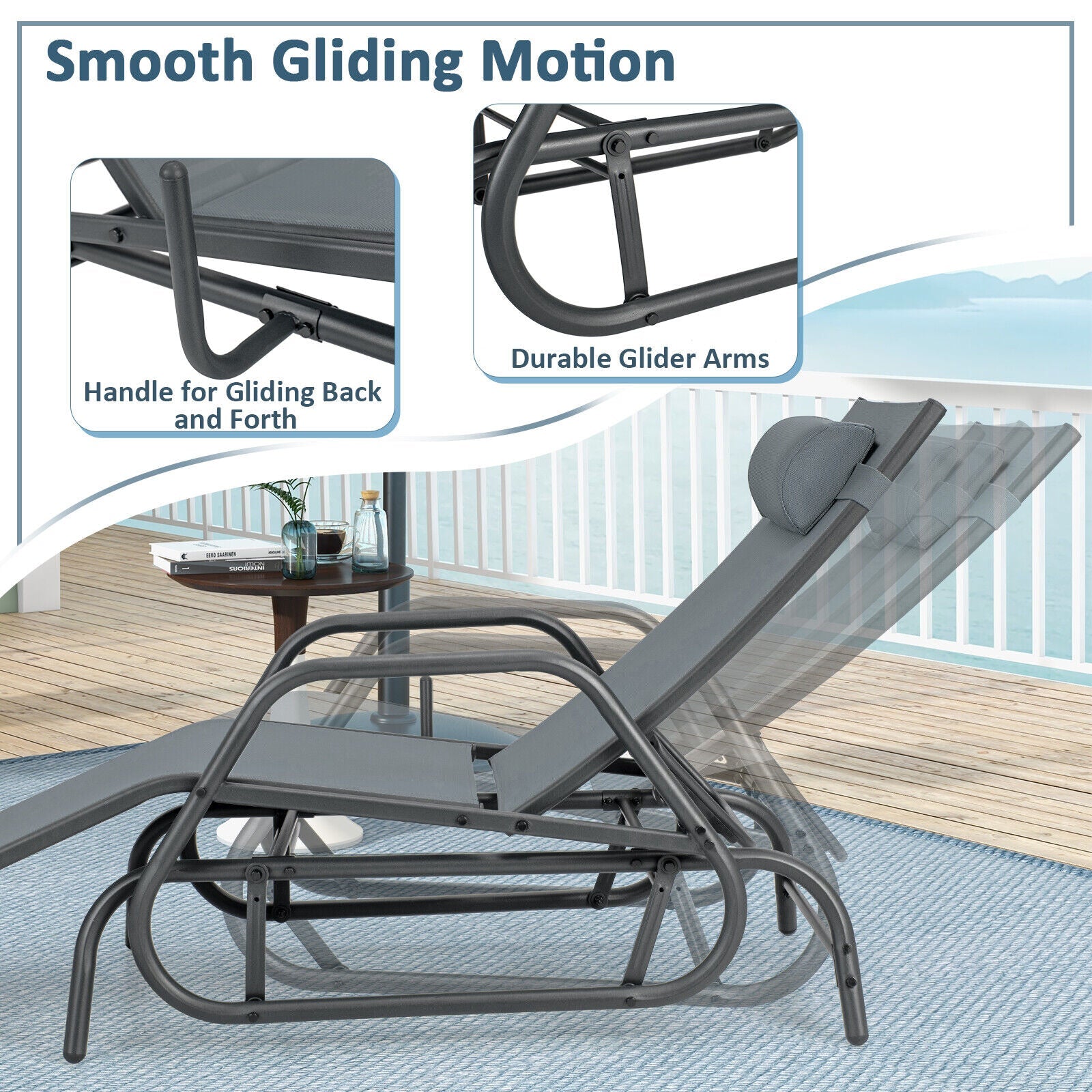 Patio Adjustable Glider Chair Outdoor Chaise Lounger Metal Fabric 60 kg Max Load