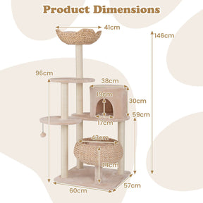 Cattail Cat Tower w/ Sisal Scratching Posts, Dangling Ball, Washable Cushions