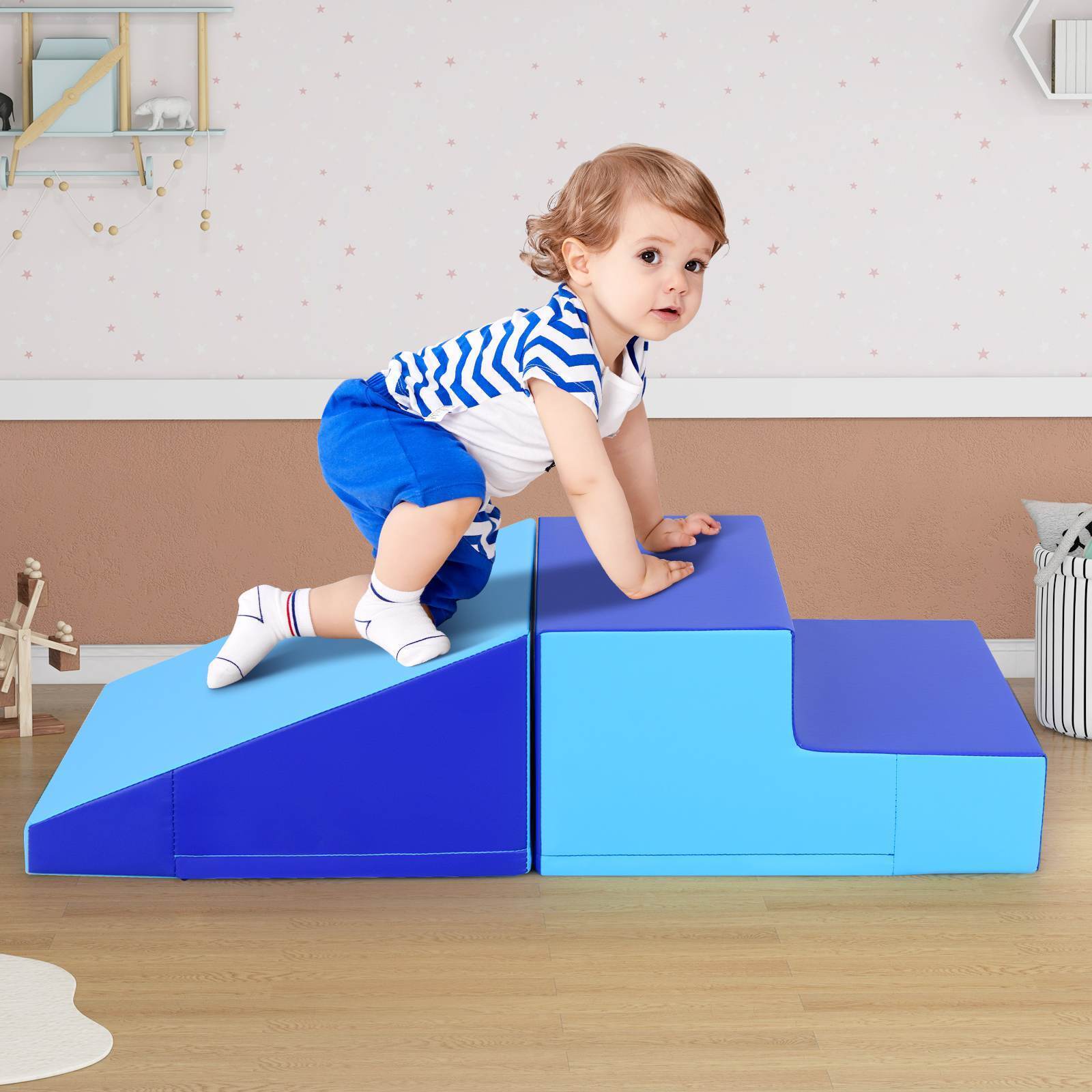 2-Piece Baby Soft Foam Block Playset Toddlers Step and Slide Climber Indoor Active Play