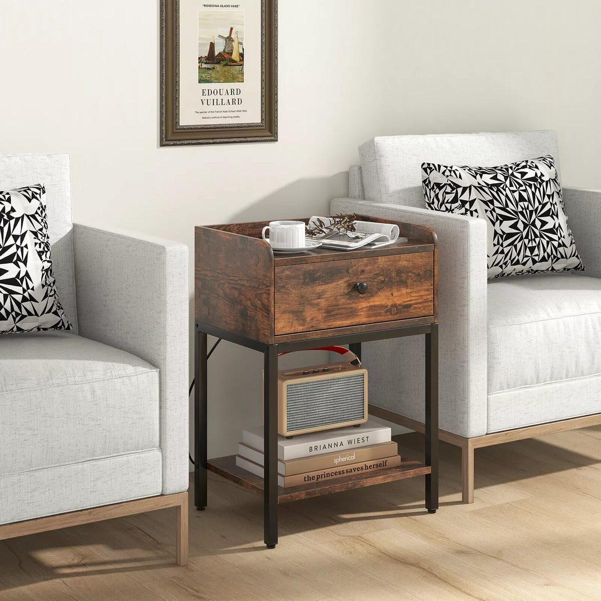 Bedside Table Industrial Nightstand Sofa Side Table Storage Shelf Rustic Brwon