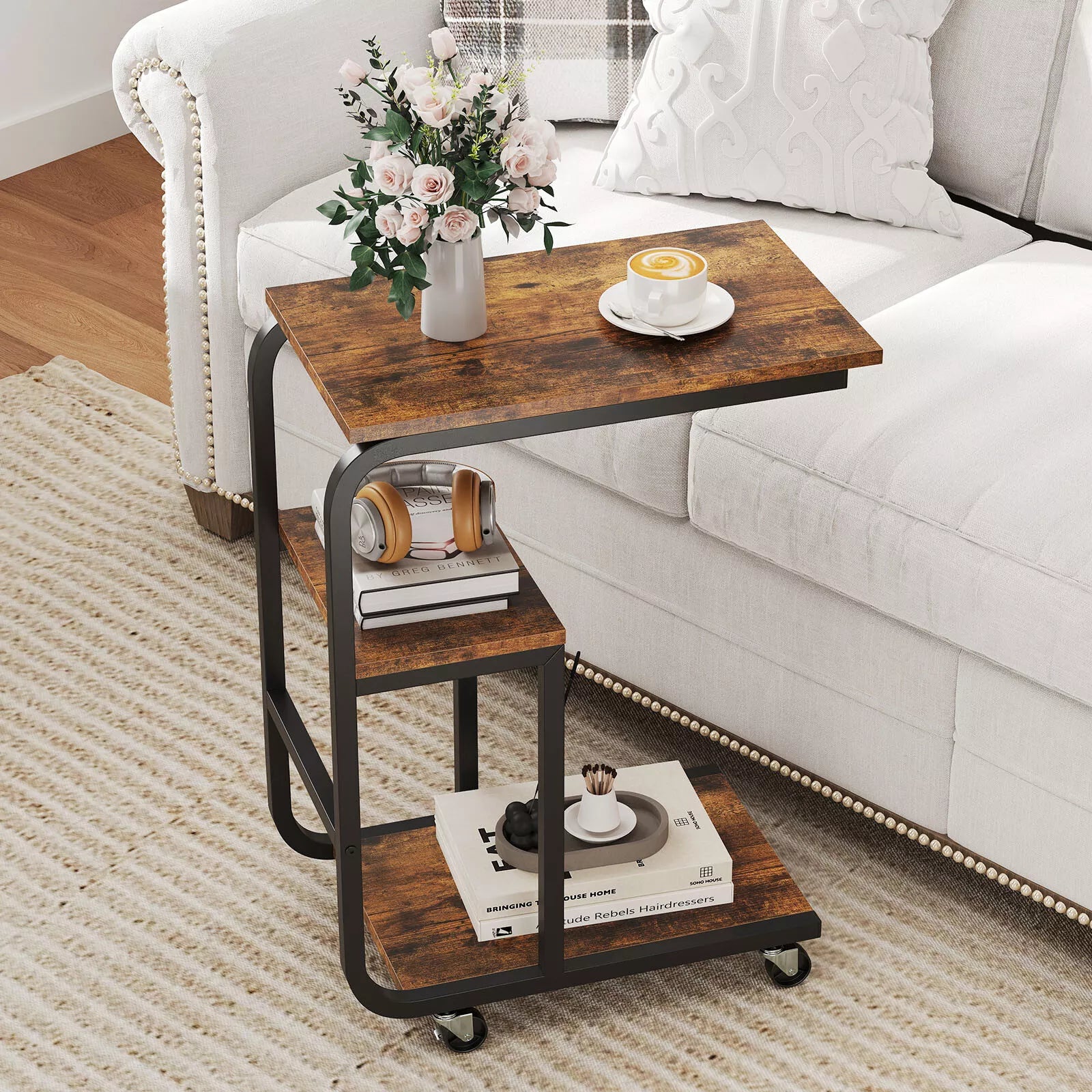 C-Shaped End Table Industrial Sofa Side Table Couch Table w/ Open Shelves