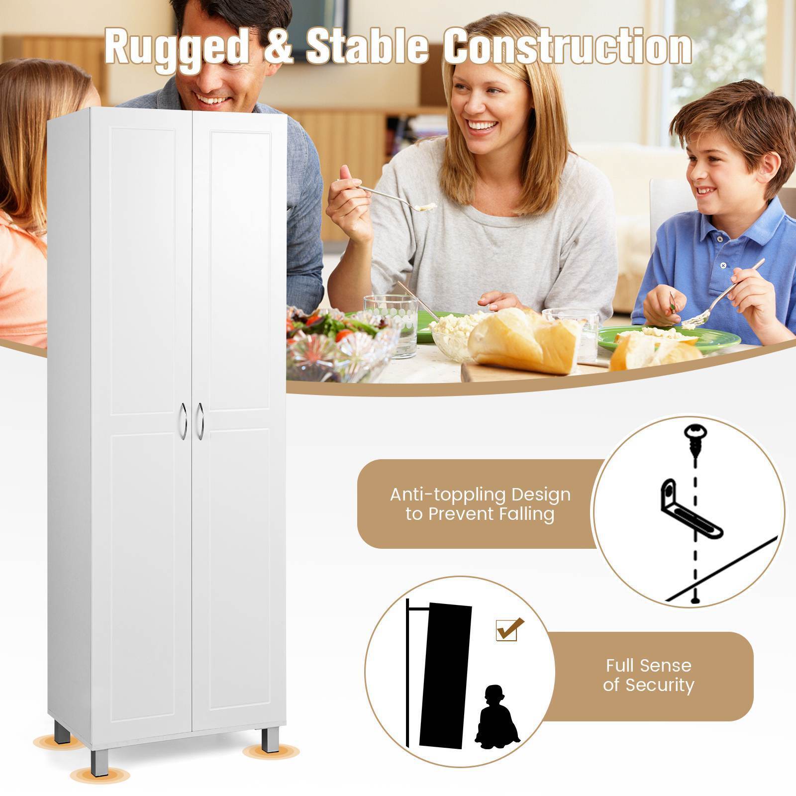 187 CM Double Door Tall Storage Cabinet Modern Utility Pantry Organizer White