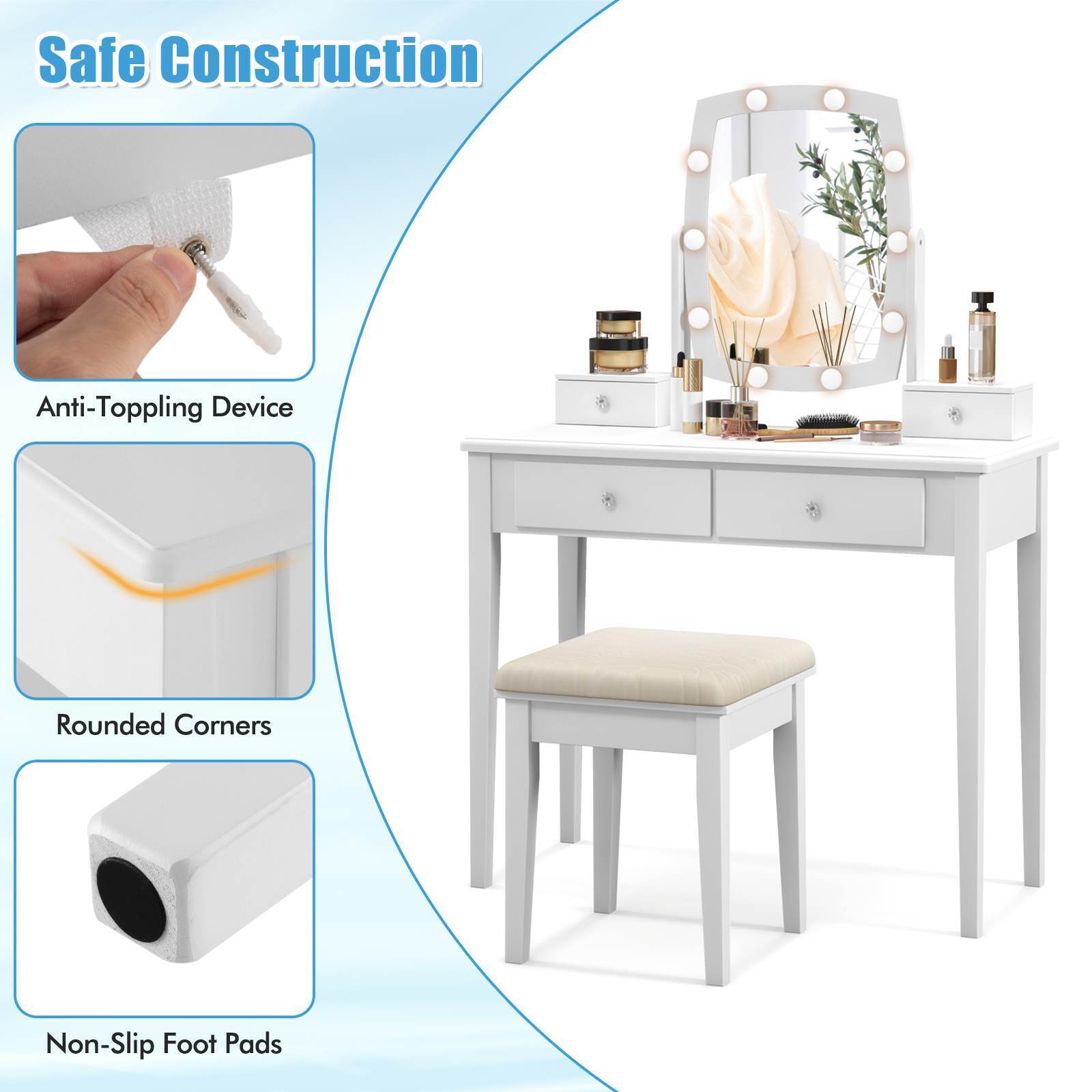 Makeup Vanity Set Dressing Desk & Cushioned Stool Swivel Mirror & LED Lights
