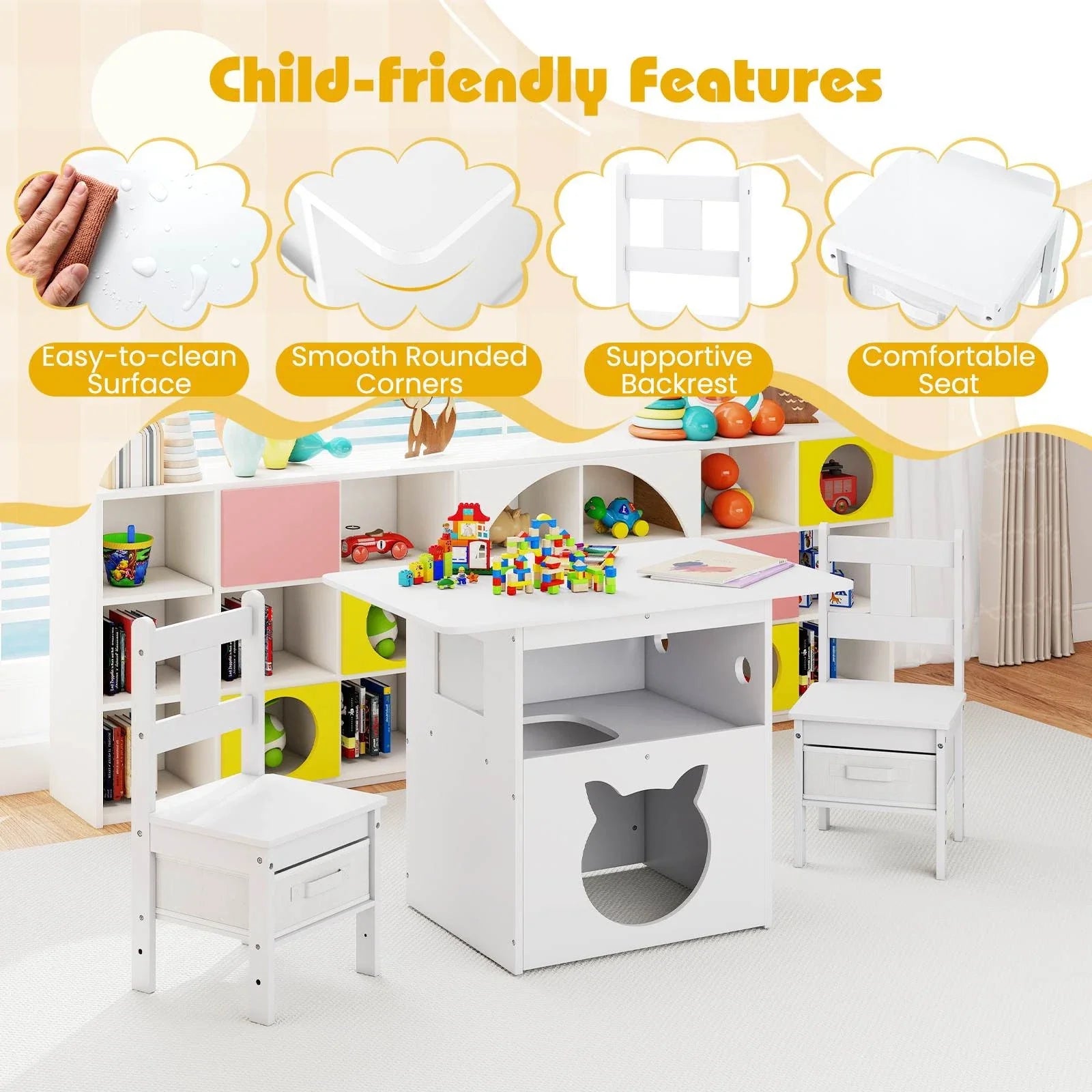 Kids Table and Chairs Set 3 Pieces Wooden Children Furniture Desk with Cat House