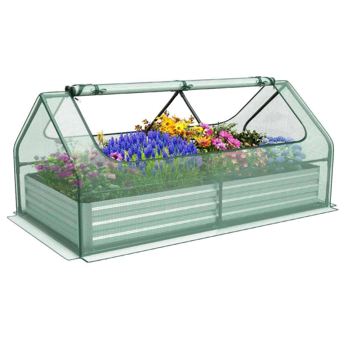 180 x 90 x 91cm Galvanized Raised Garden Bed w/ Greenhouse & Dual 2-Tier Windows