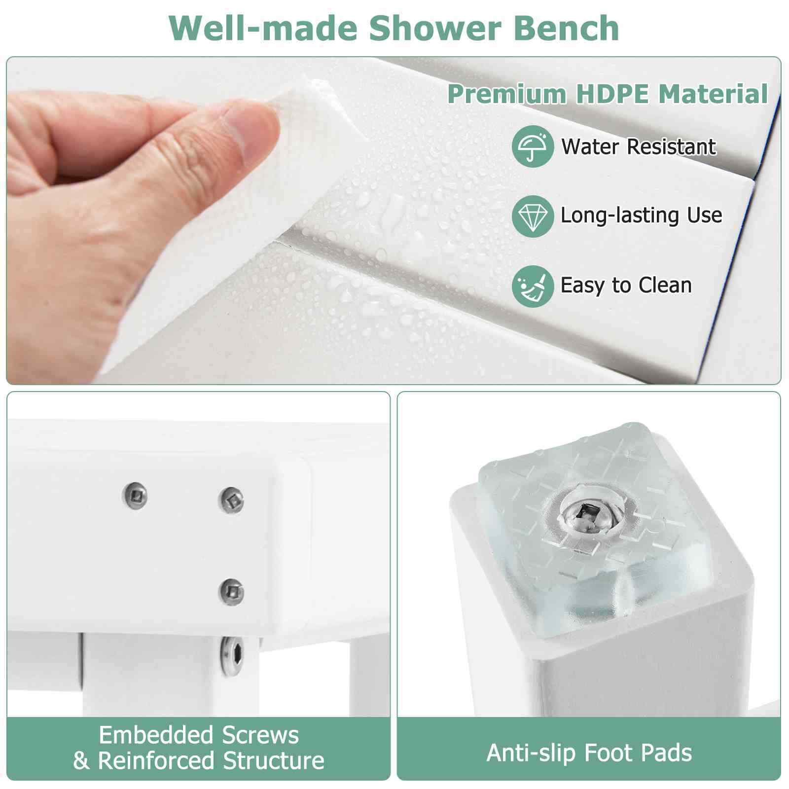 2-Tier Shower Bench Stool HDPE Waterproof Inside Seat for Bath & Shaving Legs