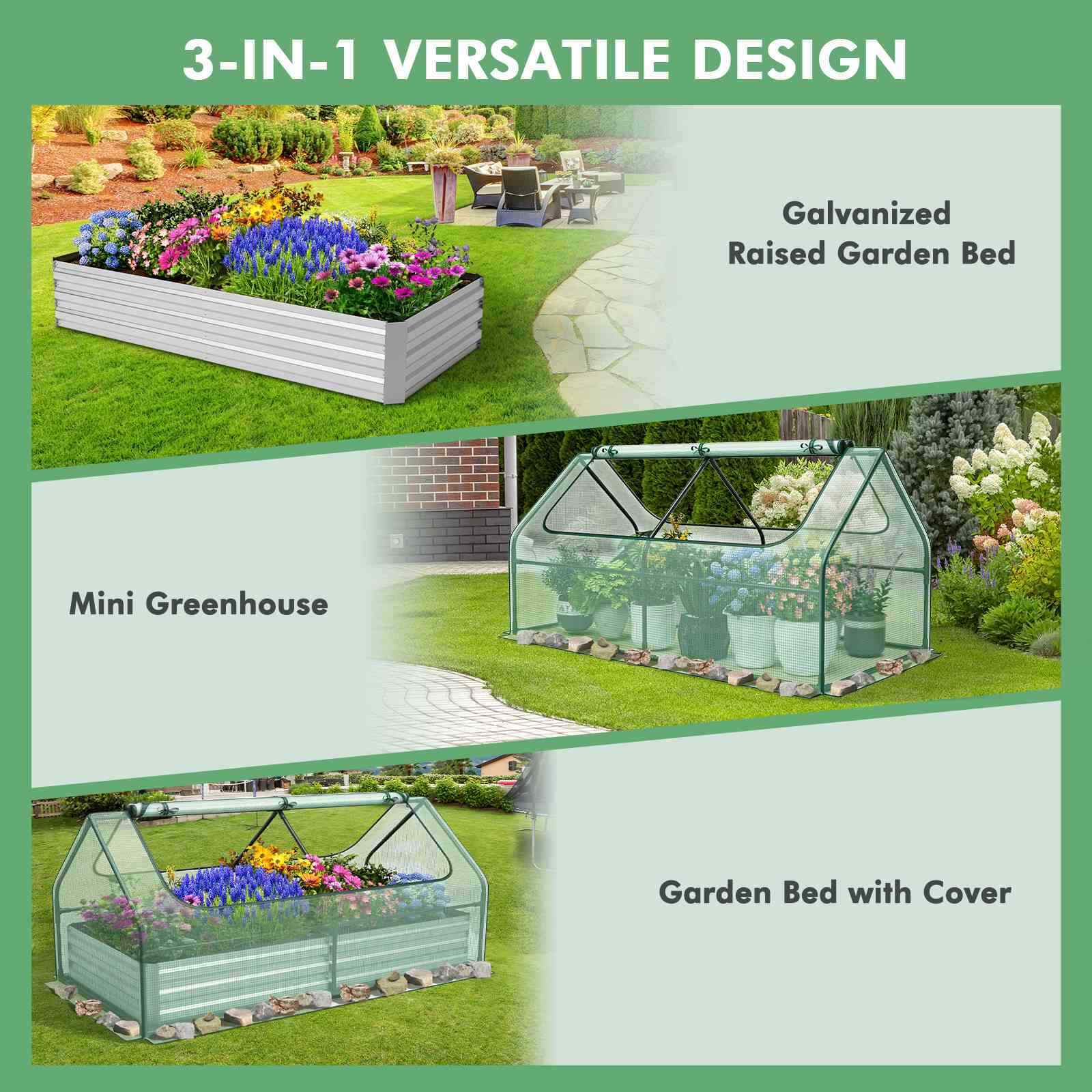 180 x 90 x 91cm Galvanized Raised Garden Bed w/ Greenhouse & Dual 2-Tier Windows