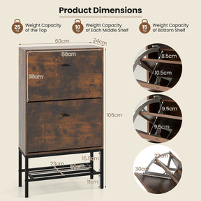 Shoe Storage Cabinet w/ 2 Flip Drawers 1 Bottom Metal Shelf Shoe Organizer