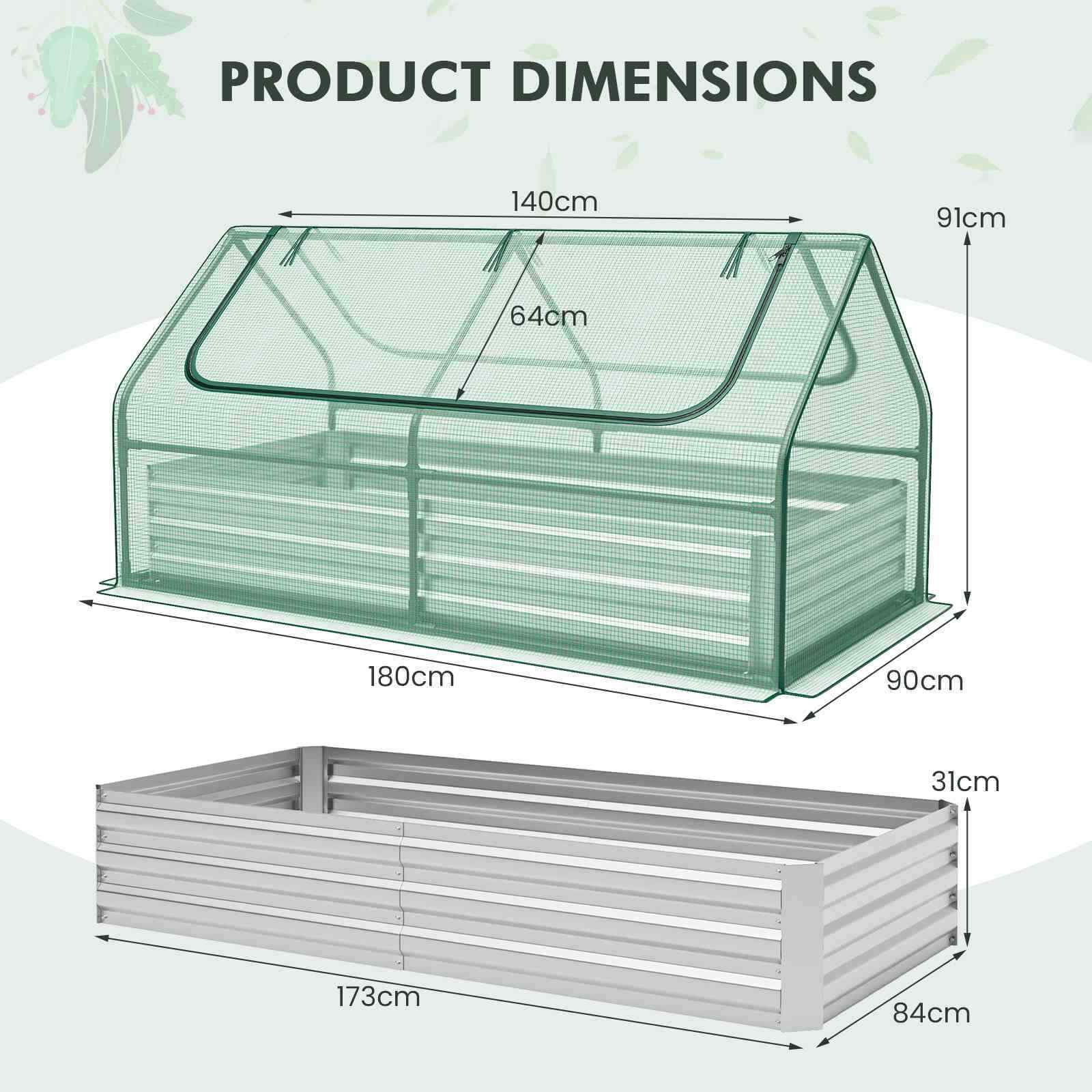 180 x 90 x 91cm Galvanized Raised Garden Bed w/ Greenhouse & Dual 2-Tier Windows