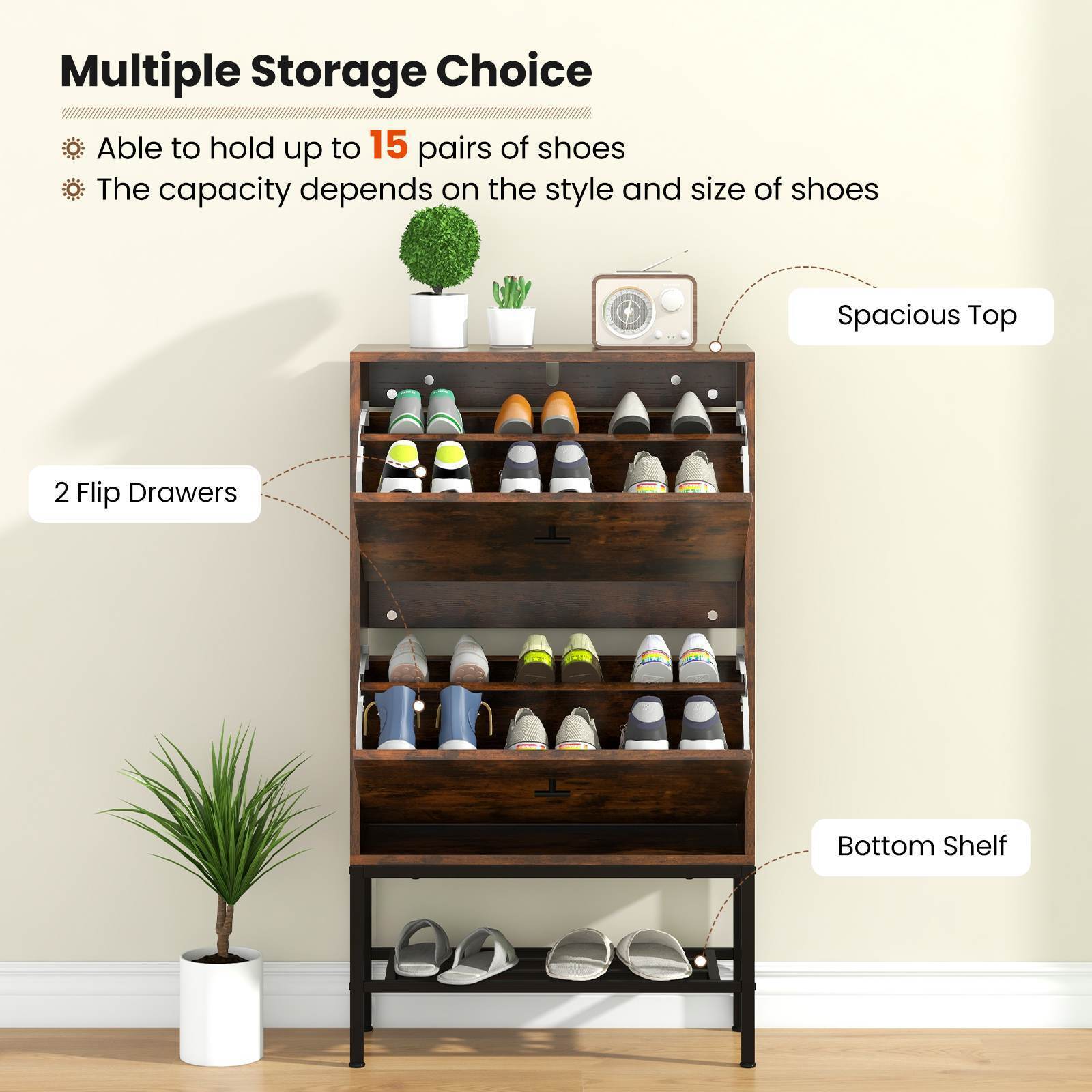 Shoe Storage Cabinet w/ 2 Flip Drawers 1 Bottom Metal Shelf Shoe Organizer