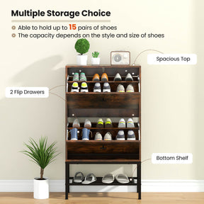 Shoe Storage Cabinet w/ 2 Flip Drawers 1 Bottom Metal Shelf Shoe Organizer