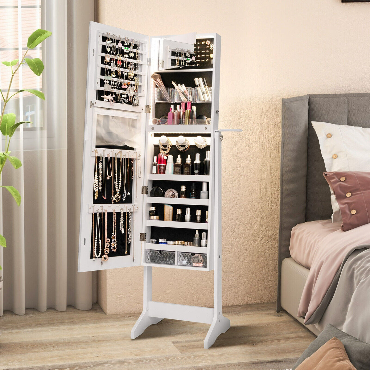 Freestanding Jewelry Cabinet Armoire Lockable Jewelry Organizer w/ LED Lights