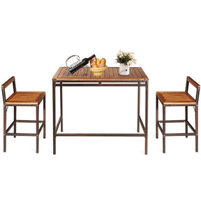 3 PCS Patio Rattan Wicker Bar Dining Furniture Set wood Table Chair Outdoor