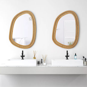 Irregular PVC Rattan Wall Mirro Boho Decorative Farmhouse Mirror w/ Wooden Frame
