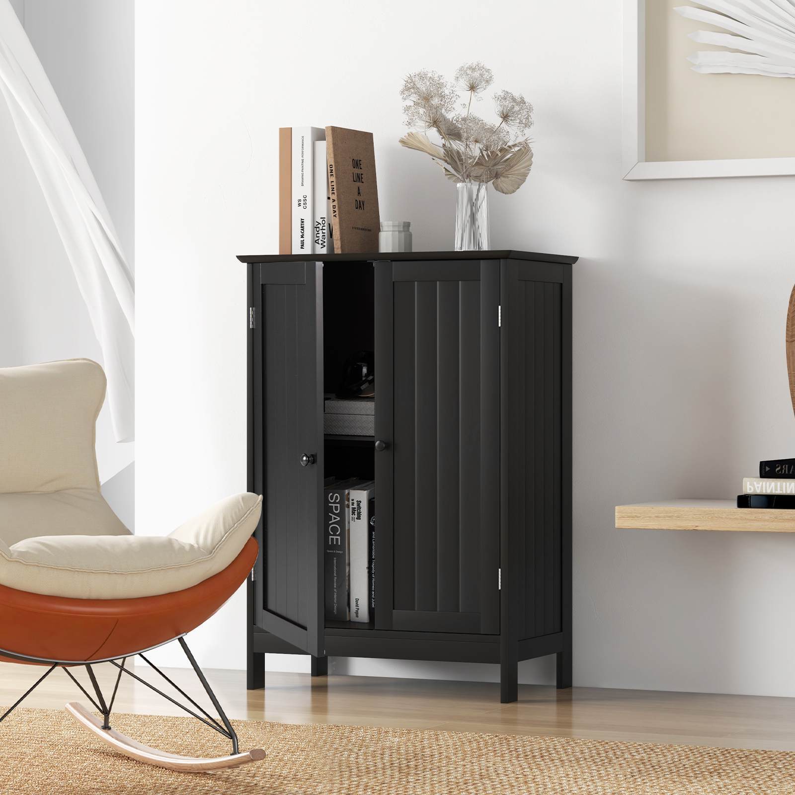 Bathroom Storage Cabinet 3-Tier Floor Cabinet w/ Double Doors Adjustable Shelf