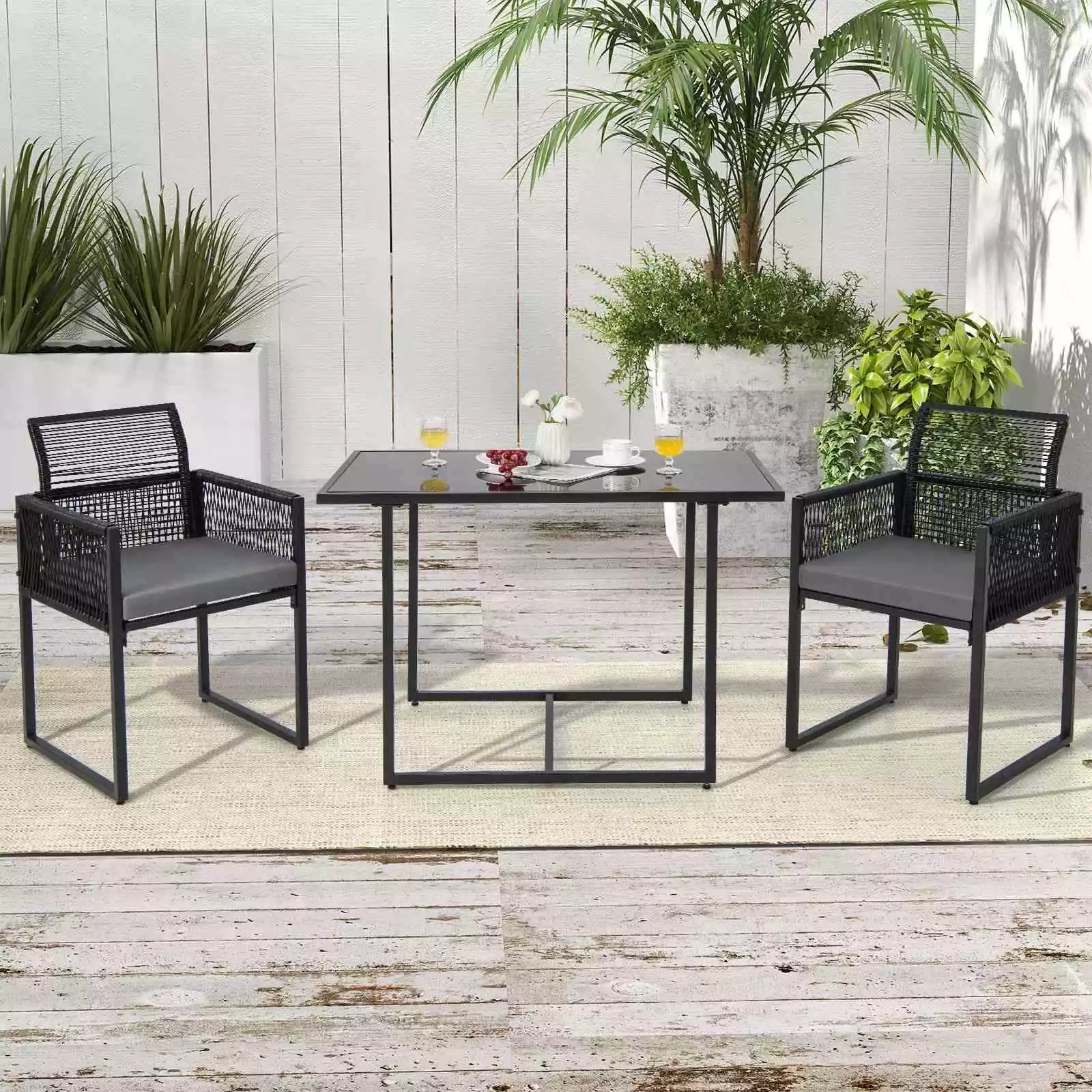 Giantex 3 Pieces Outdoor Dining Set Patio PE Rattan Furniture Set with Folding Backrest