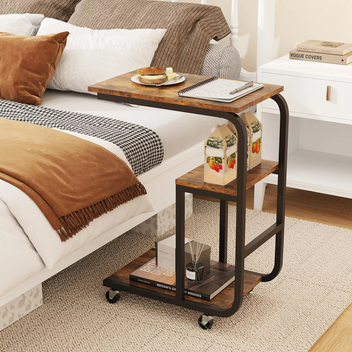 C-Shaped End Table Industrial Sofa Side Table Couch Table w/ Open Shelves