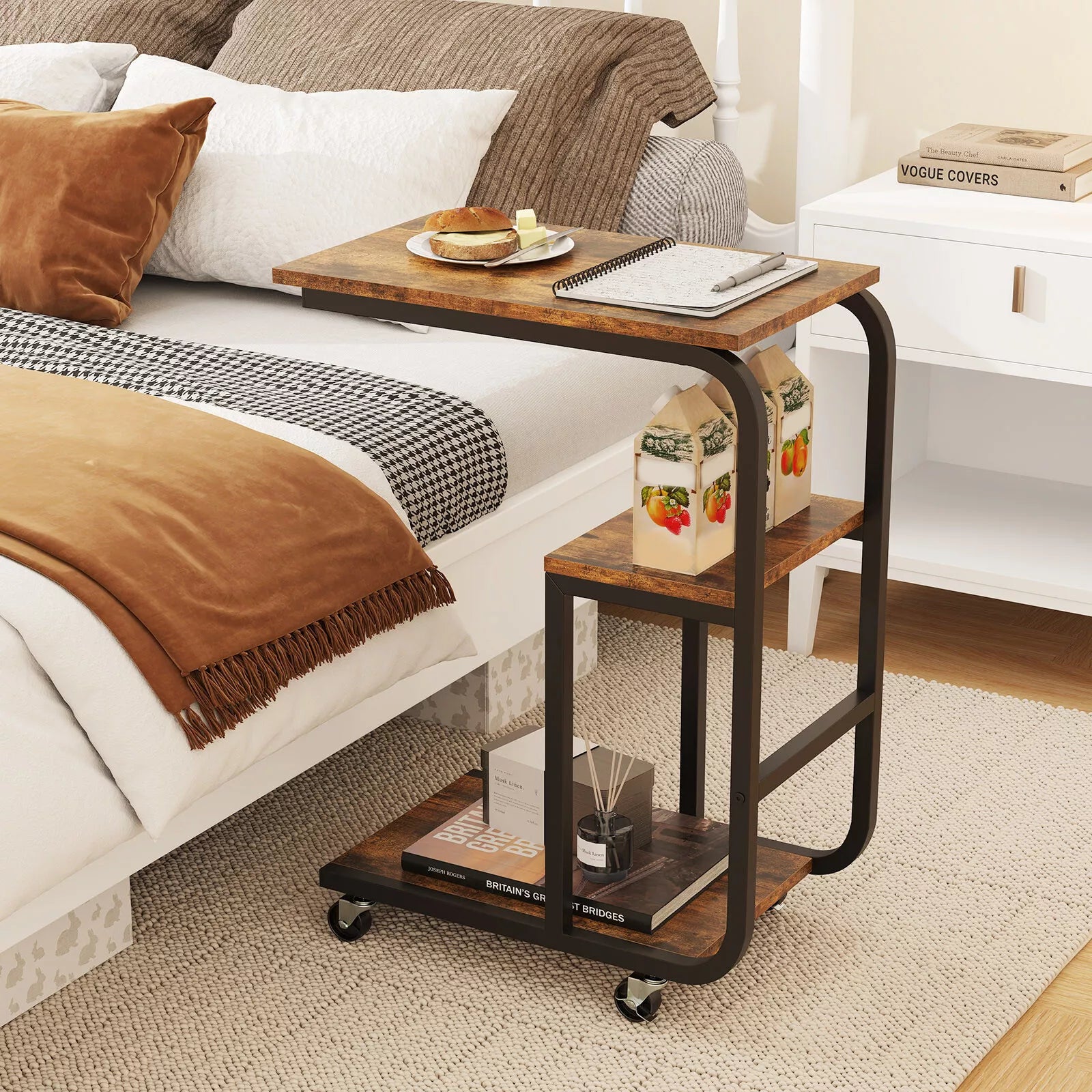 C-Shaped End Table Industrial Sofa Side Table Couch Table w/ Open Shelves