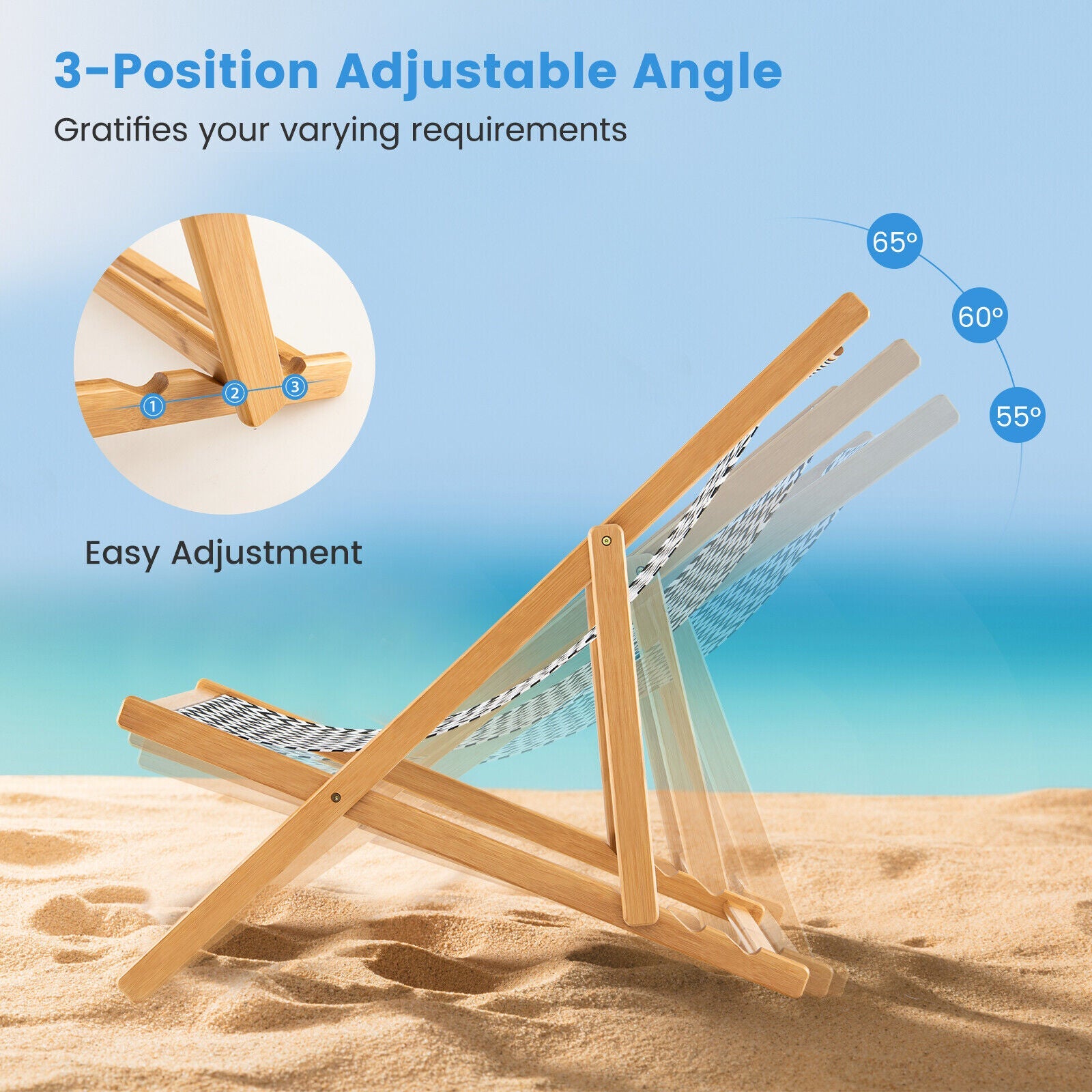 Folding Solid Wood Lounge Beach Chair Reclining Canvas Outdoor 160kg Capacity