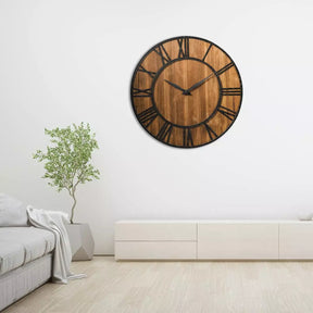 Round Wall Clock Decorative Retro Wooden Wall Clock w/ Large Roman Numerals