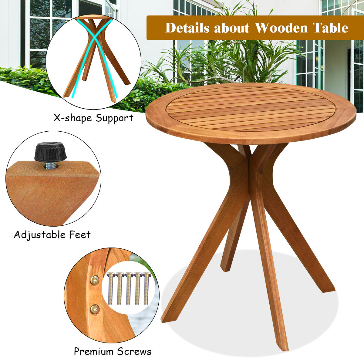 70 cm Outdoor Round Table Solid Wood Coffee Side Bistro Table for Garden Patio