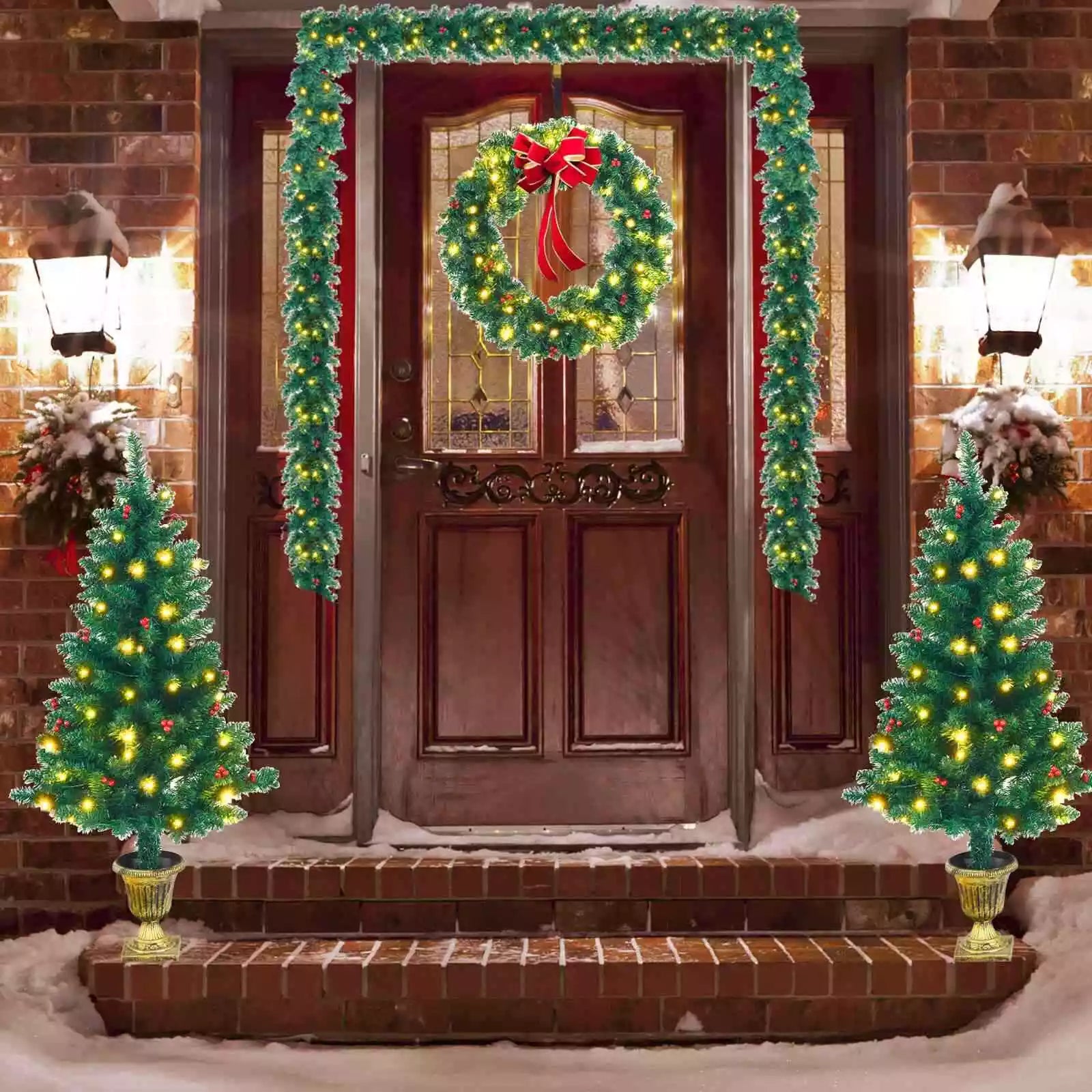 Pre-Lit Christmas 4-Piece Set, Door Wreath & Garland & Pack of 2 Entrance Trees