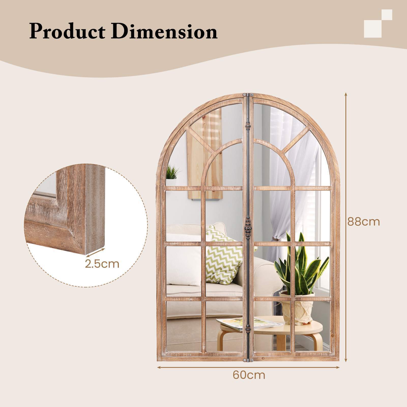 Farmhouse Wall Mounted Decorative Mirror Rustic Arched Window Pane Mirror