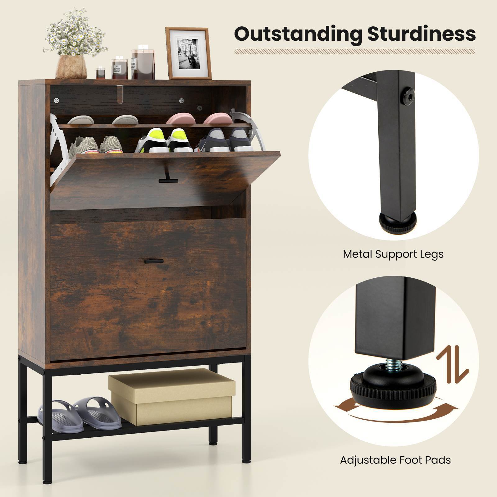 Shoe Storage Cabinet w/ 2 Flip Drawers 1 Bottom Metal Shelf Shoe Organizer