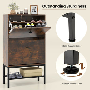 Shoe Storage Cabinet w/ 2 Flip Drawers 1 Bottom Metal Shelf Shoe Organizer