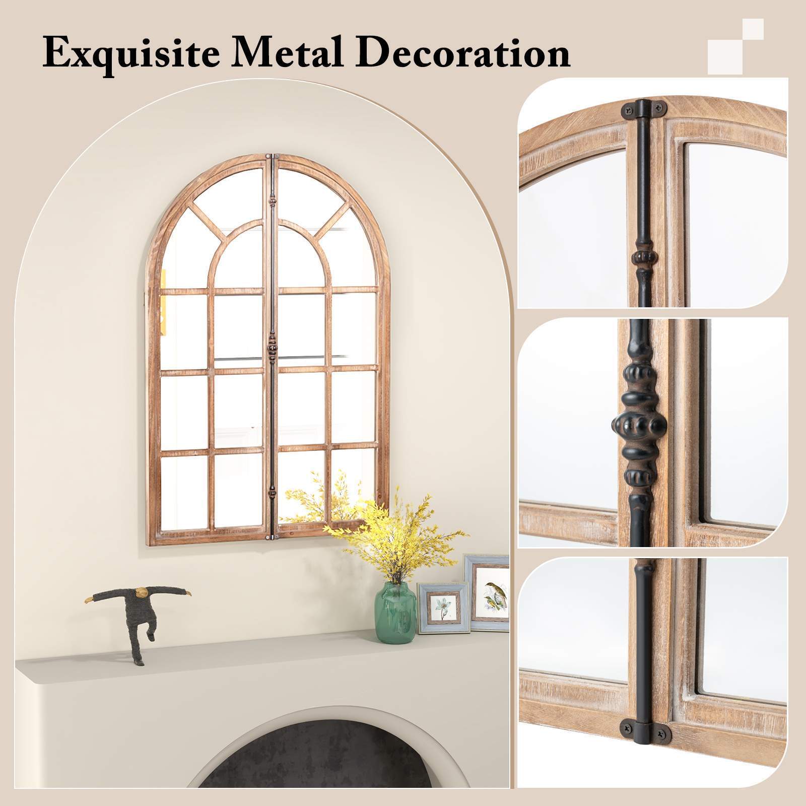 Farmhouse Wall Mounted Decorative Mirror Rustic Arched Window Pane Mirror