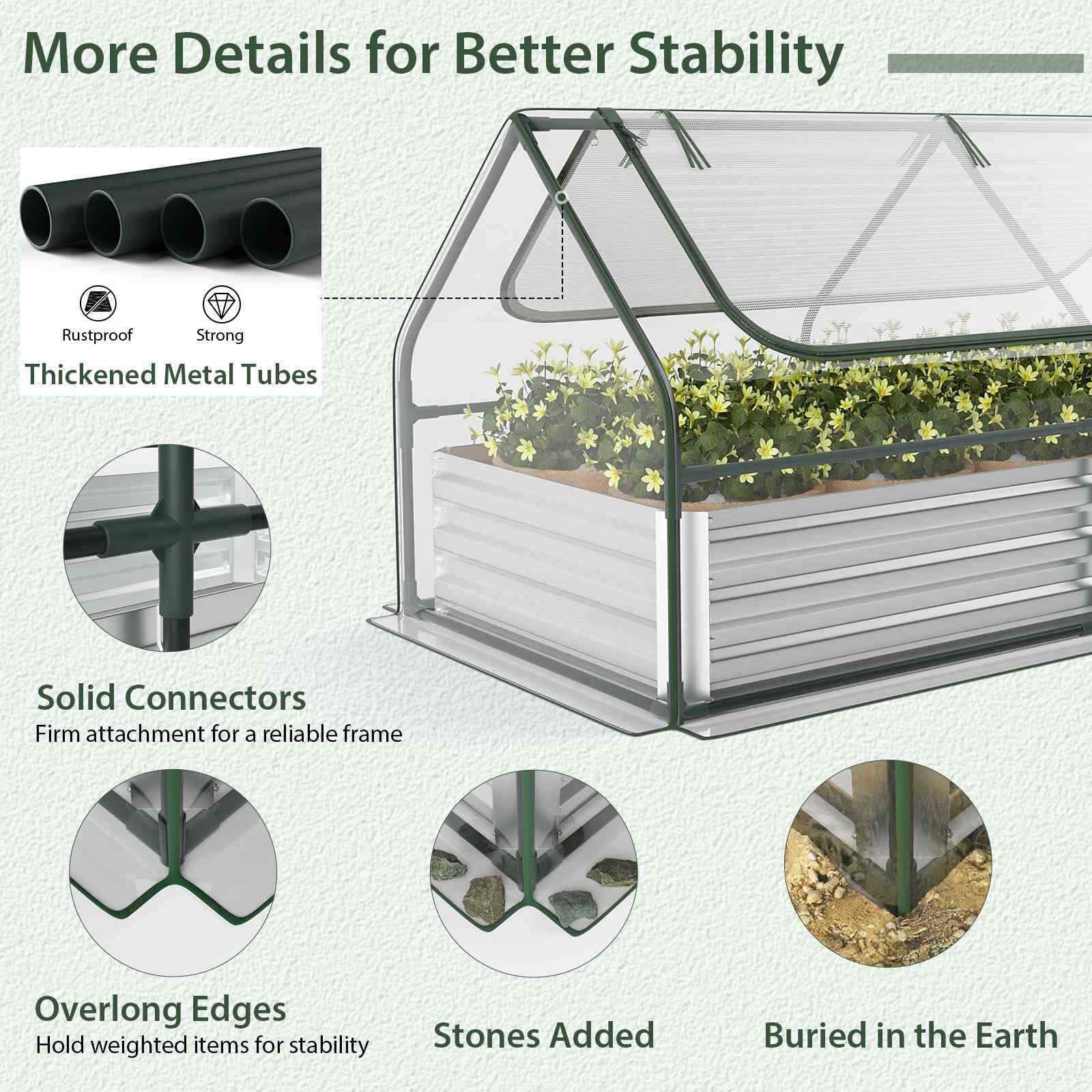 180 x 90 x 91cm Galvanized Raised Garden Bed w/ Greenhouse & Dual 2-Tier Windows