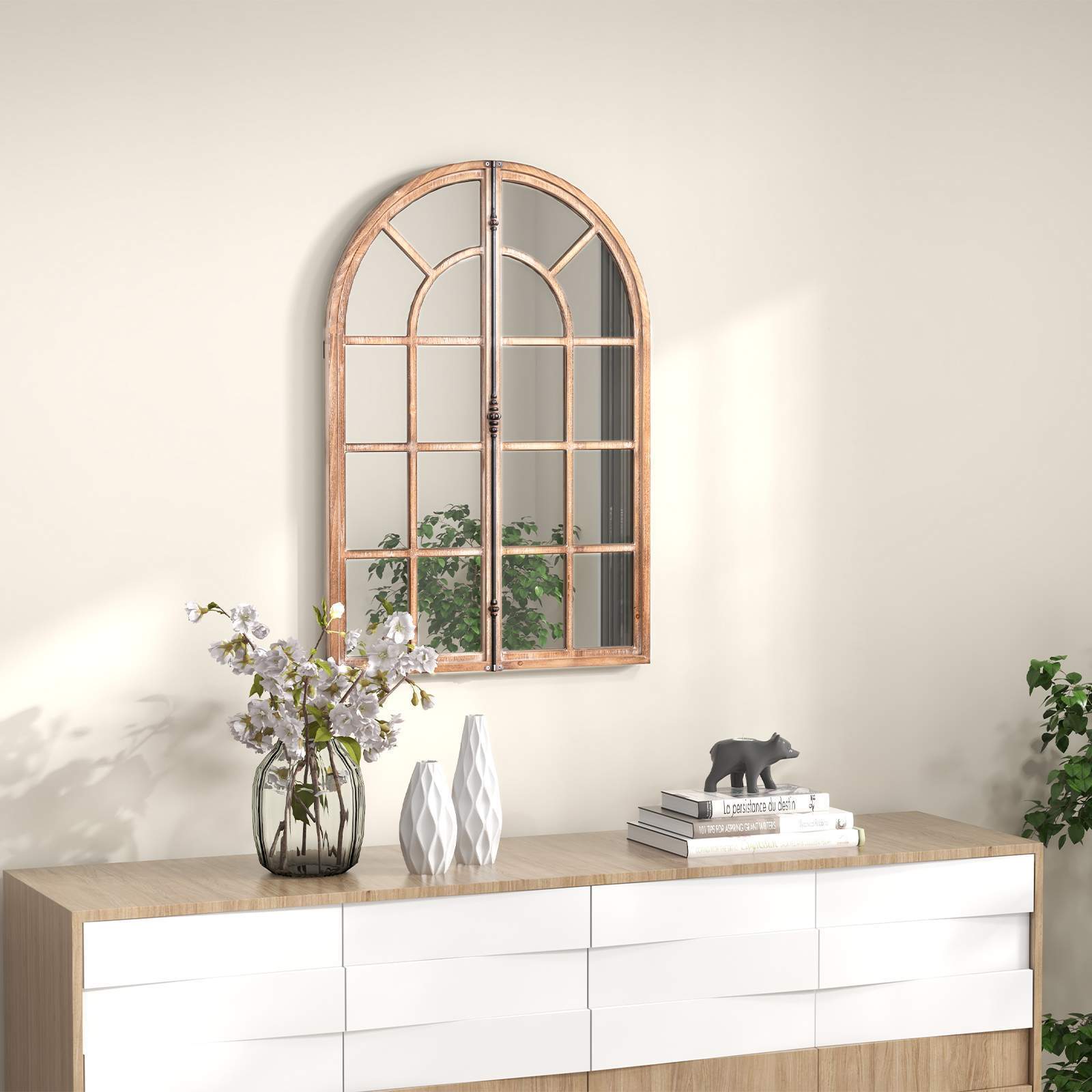 Farmhouse Wall Mounted Decorative Mirror Rustic Arched Window Pane Mirror