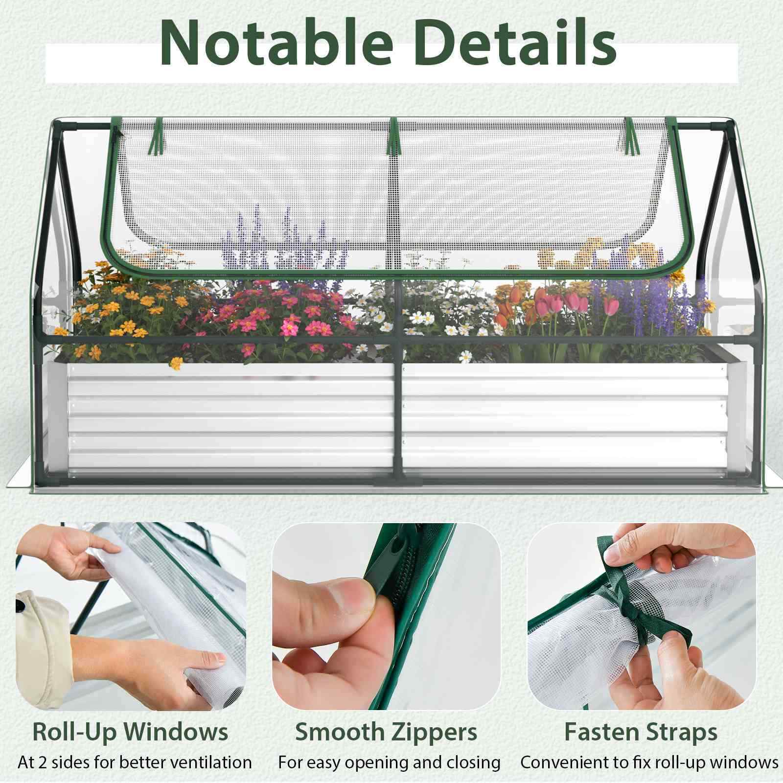 180 x 90 x 91cm Galvanized Raised Garden Bed w/ Greenhouse & Dual 2-Tier Windows
