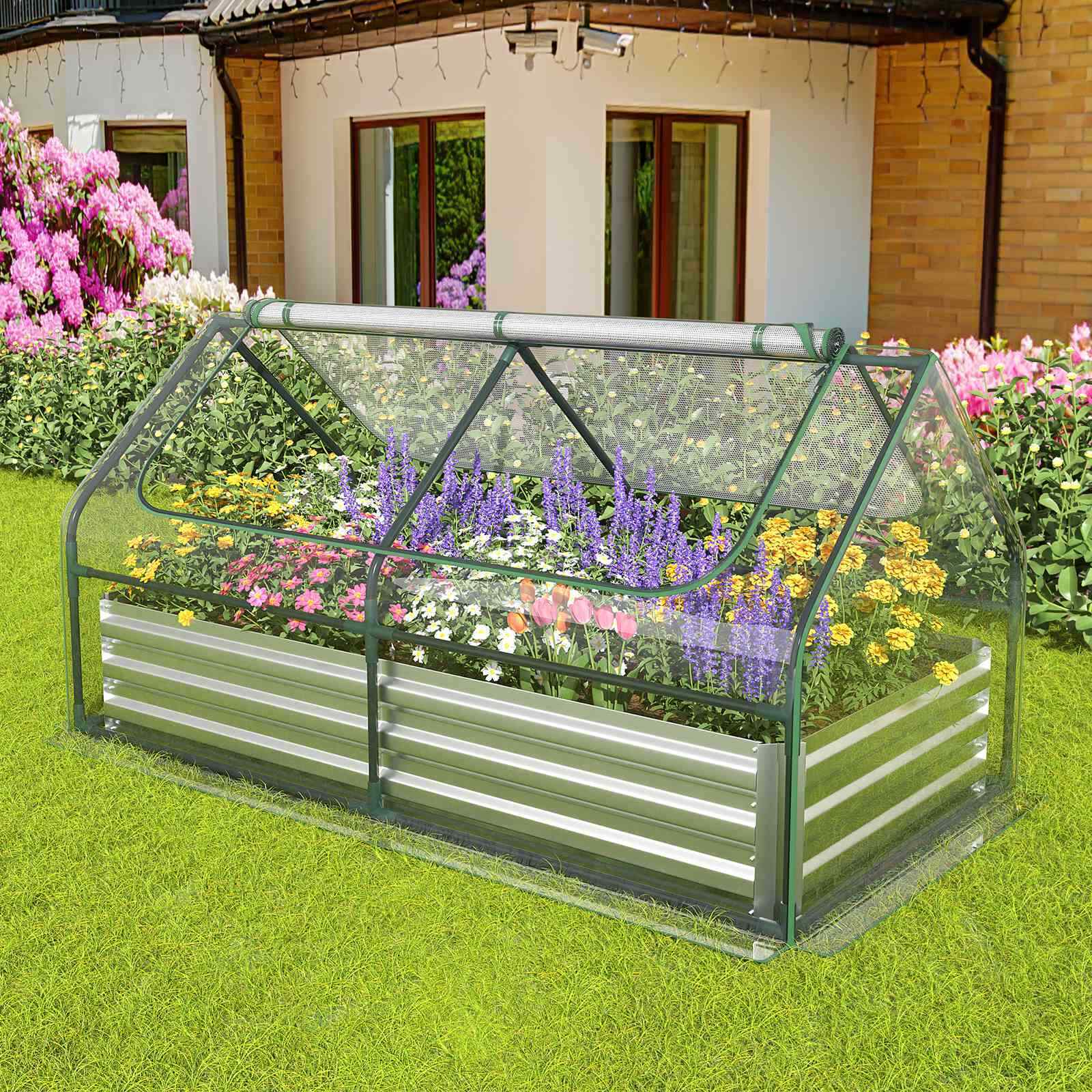 180 x 90 x 91cm Galvanized Raised Garden Bed w/ Greenhouse & Dual 2-Tier Windows