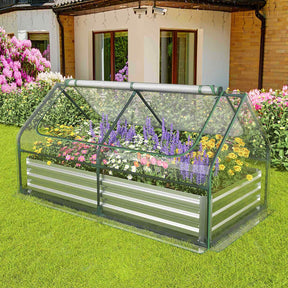 180 x 90 x 91cm Galvanized Raised Garden Bed w/ Greenhouse & Dual 2-Tier Windows
