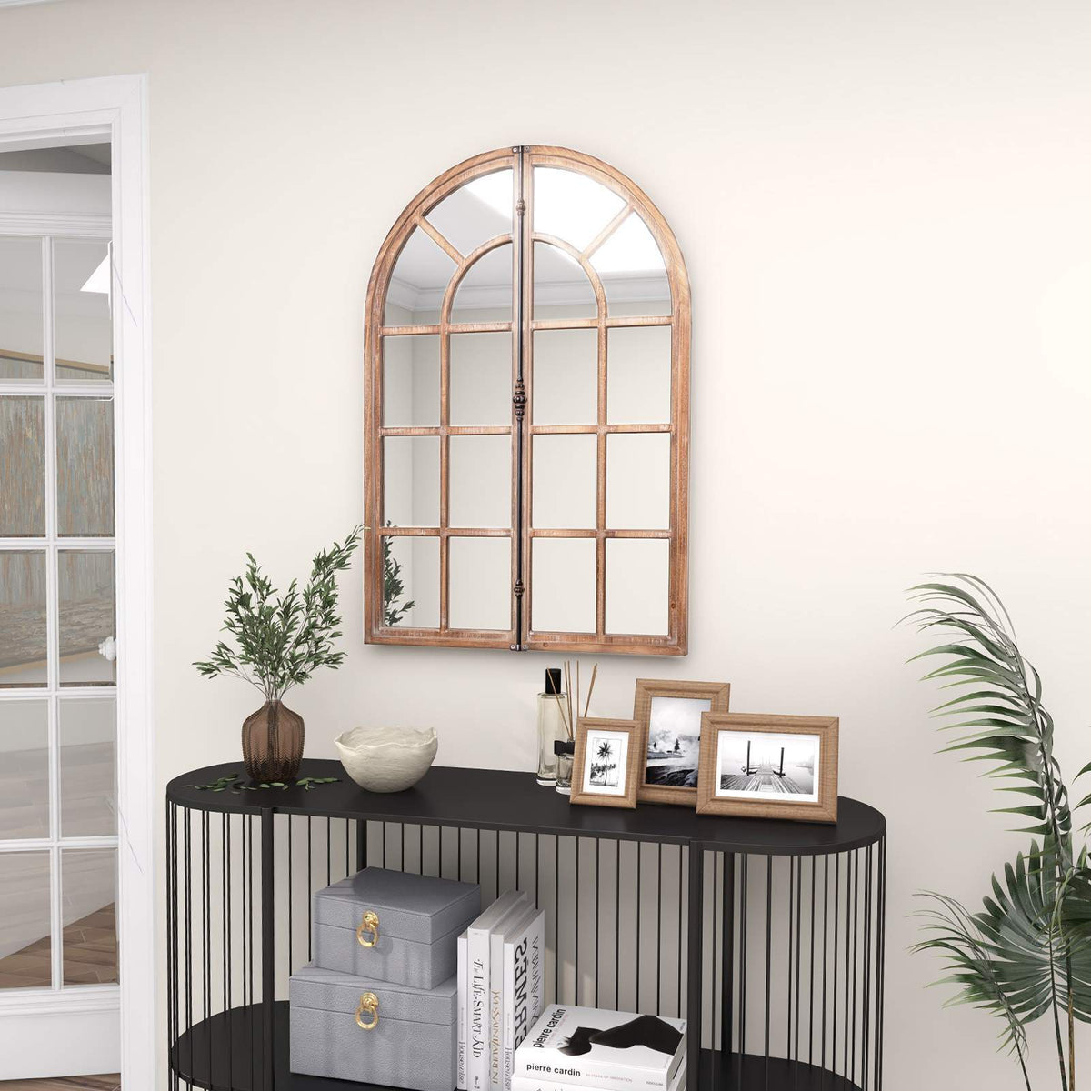 Farmhouse Wall Mounted Decorative Mirror Rustic Arched Window Pane Mirror