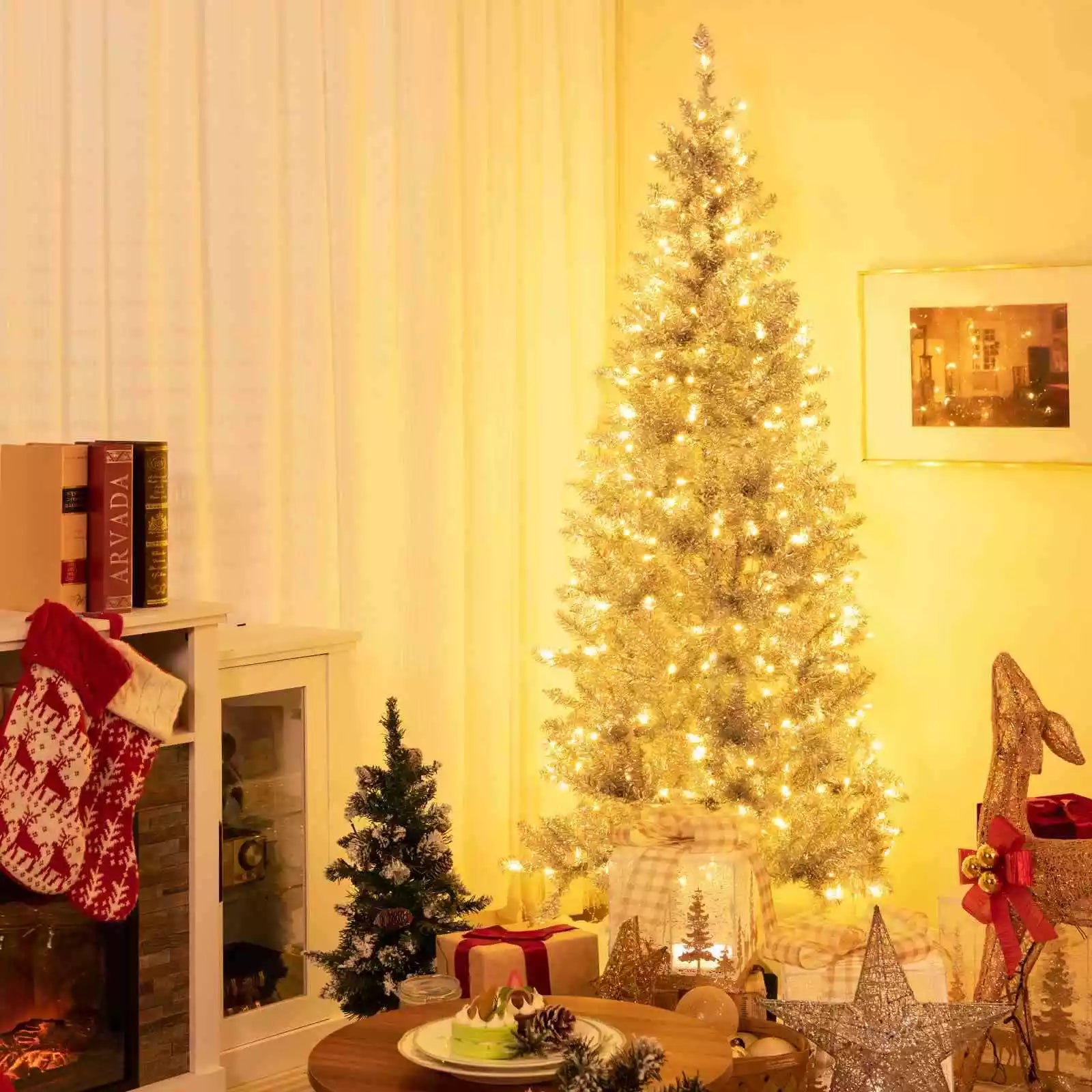 1.8 M Artificial Xmas Tree, Hinged Christmas Tree with Tinsel Leaves Easy Setup