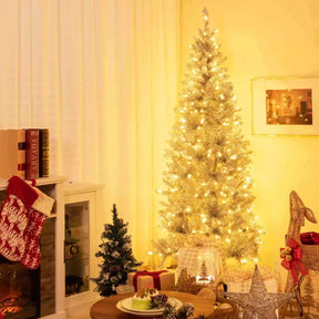 1.8 M Artificial Xmas Tree, Hinged Christmas Tree with Tinsel Leaves Easy Setup