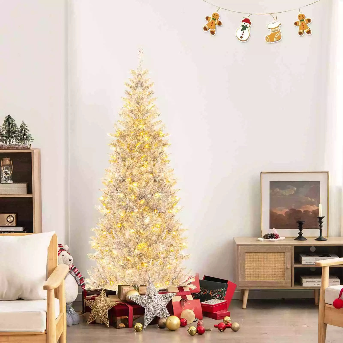 1.8 M Artificial Xmas Tree, Hinged Christmas Tree with Tinsel Leaves Easy Setup