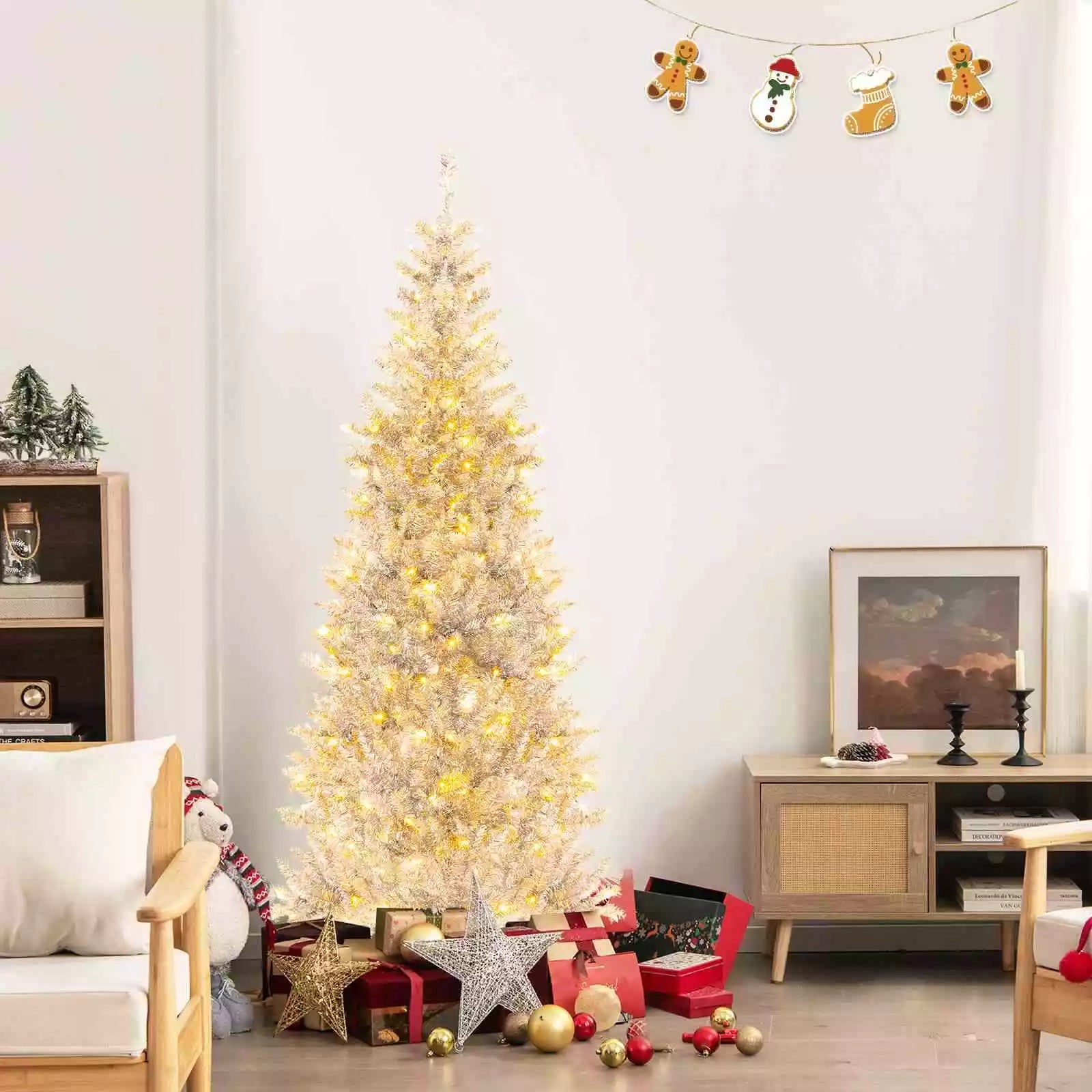 1.8 M Artificial Xmas Tree, Hinged Christmas Tree with Tinsel Leaves Easy Setup