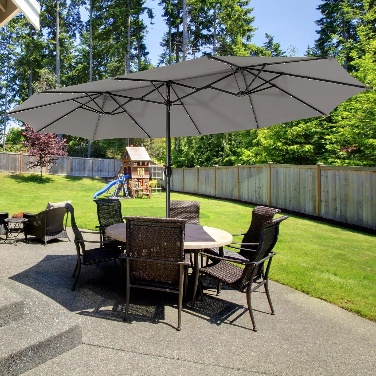 480cm Double-Sided Patio Umbrella w/ Auto-Charging Solar Panel & 48 Solar Lights