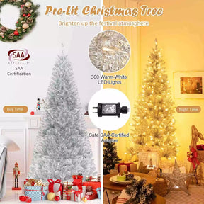 1.8 M Artificial Xmas Tree, Hinged Christmas Tree with Tinsel Leaves Easy Setup