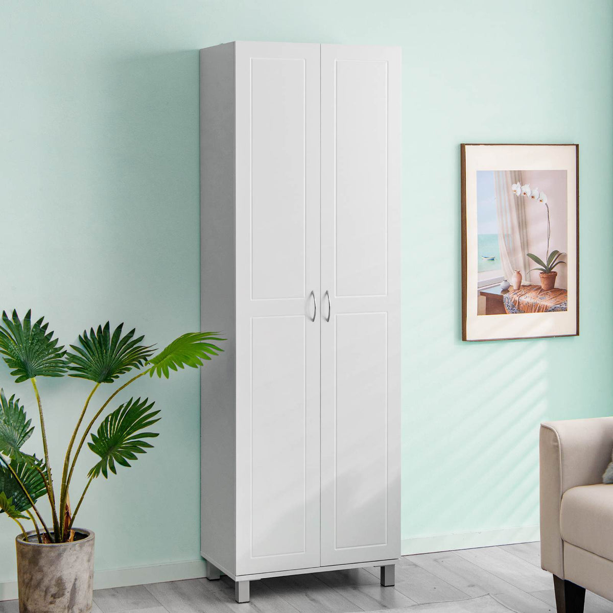 187 CM Double Door Tall Storage Cabinet Modern Utility Pantry Organizer White