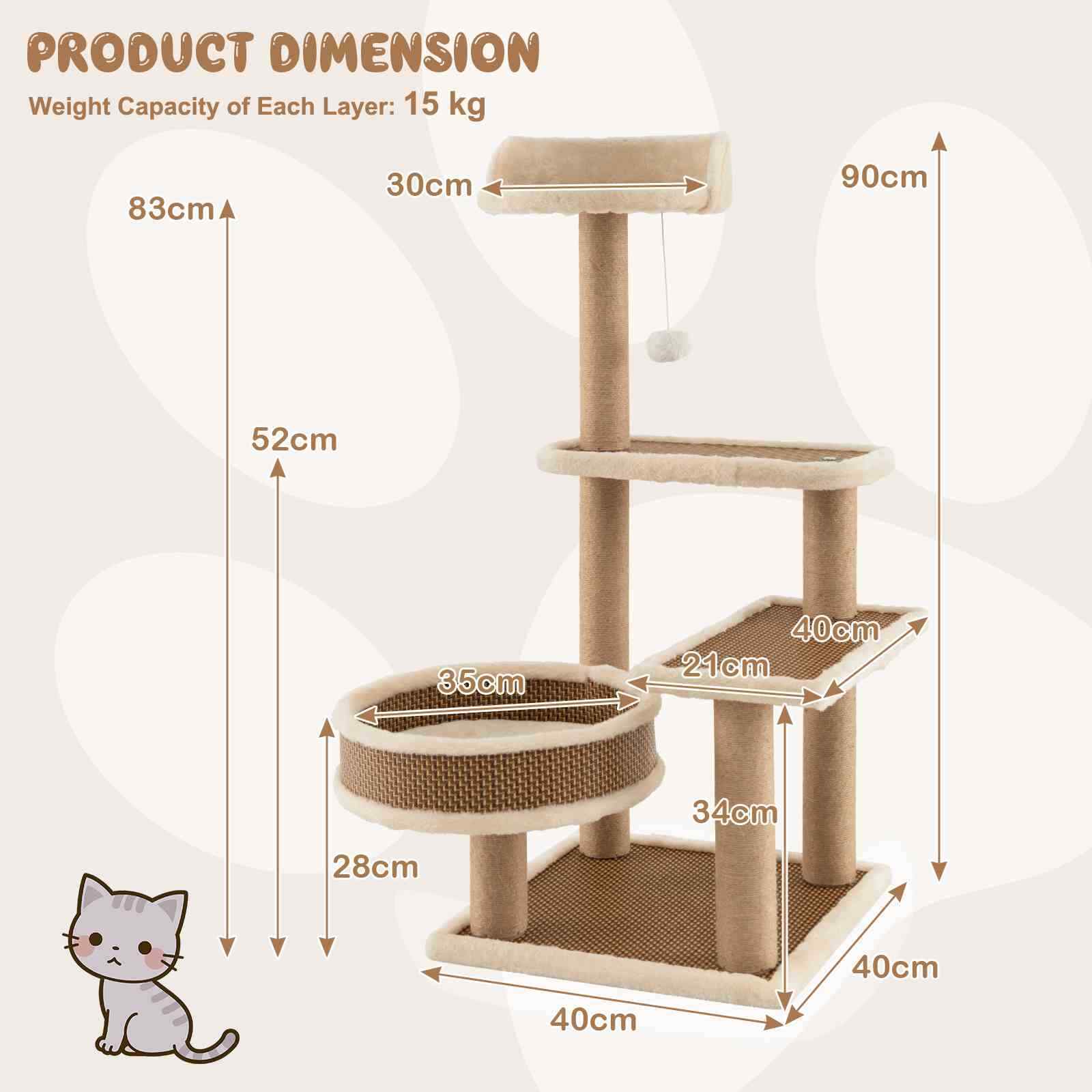 4-level Cat Tower Activity Center for Indoor Cats w/Rattan Mat, Scratching Posts