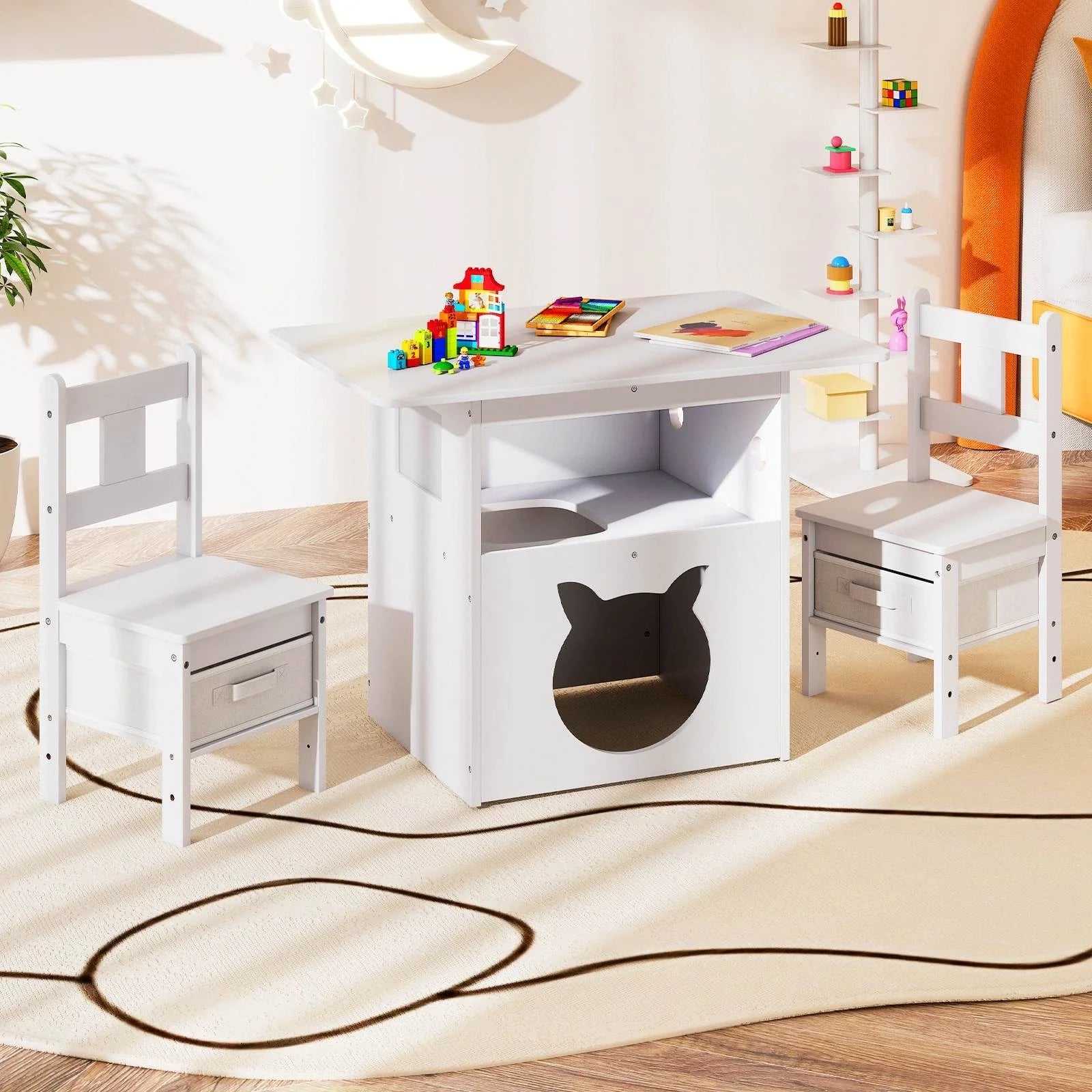 Kids Table and Chairs Set 3 Pieces Wooden Children Furniture Desk with Cat House