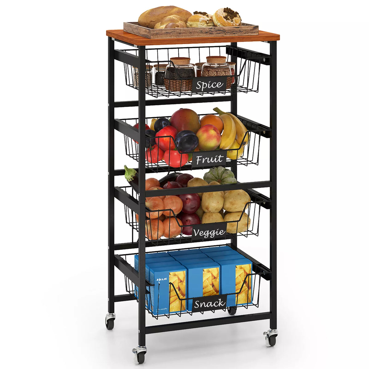 4/5-Tier Kitchen Storage Cart Utility Cart w/ Wooden Top Snack Storage Cart