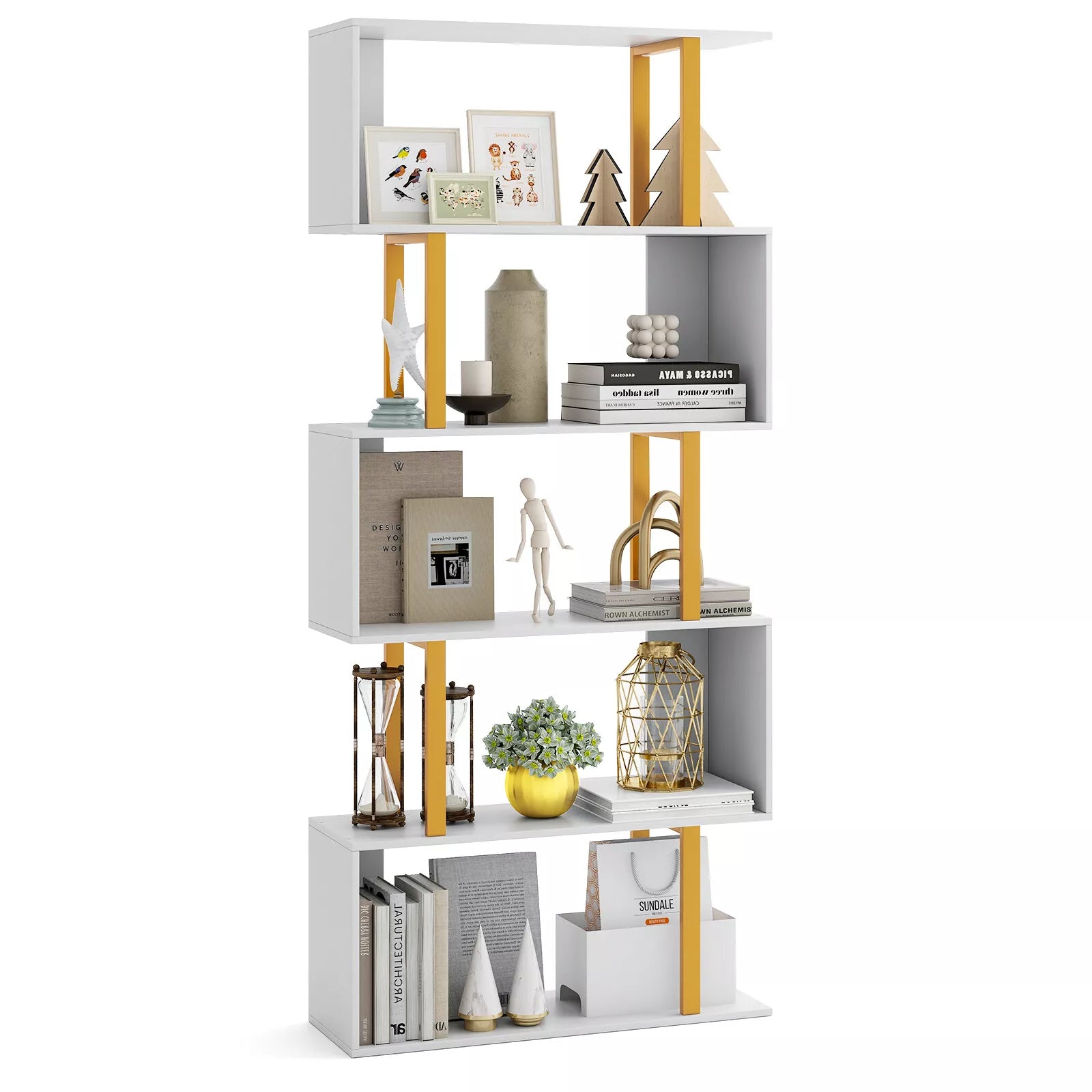 5/6-Tier Geometric Bookcase Decorative S-Shaped Storage Bookshelf w/ Metal Frame