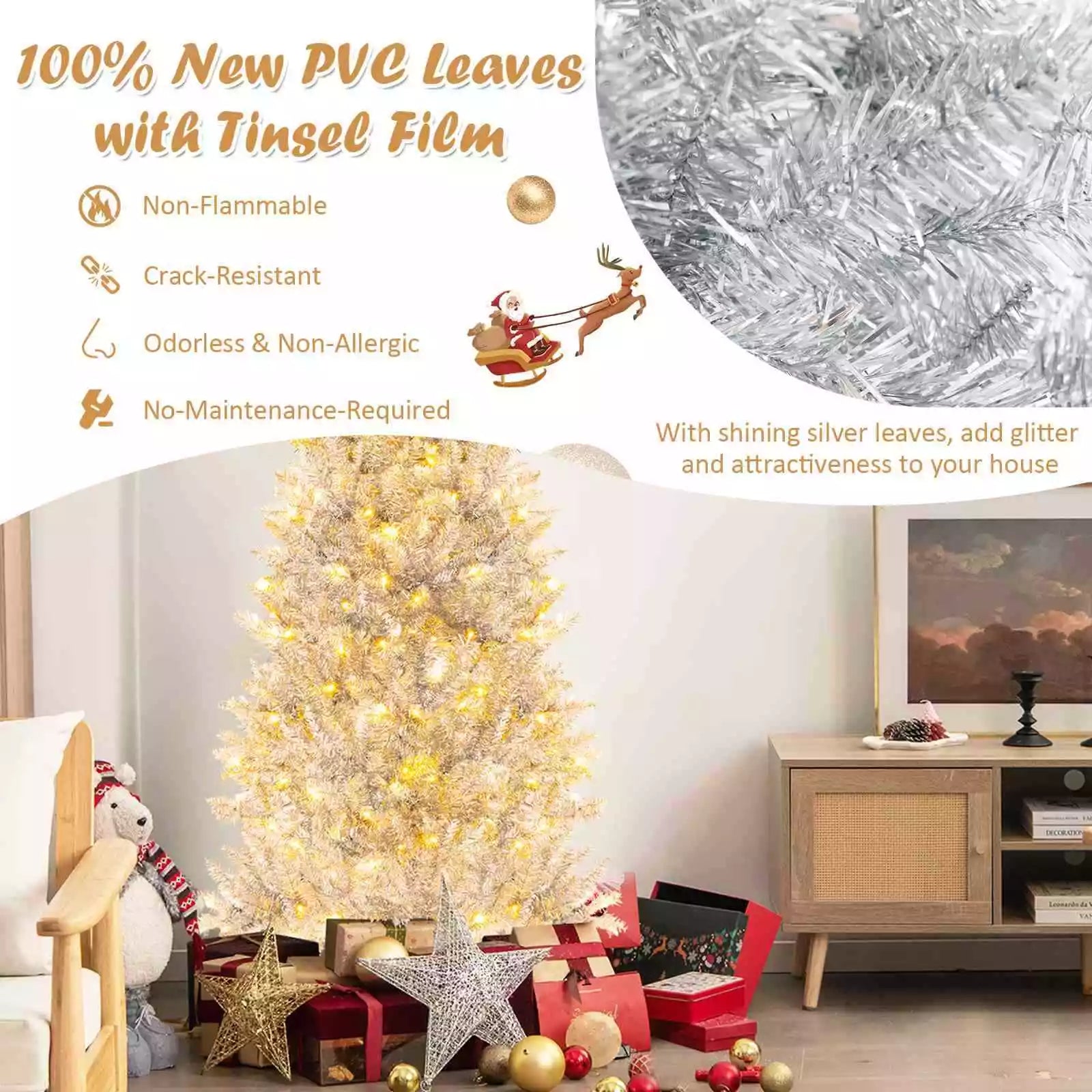 1.8 M Artificial Xmas Tree, Hinged Christmas Tree with Tinsel Leaves Easy Setup