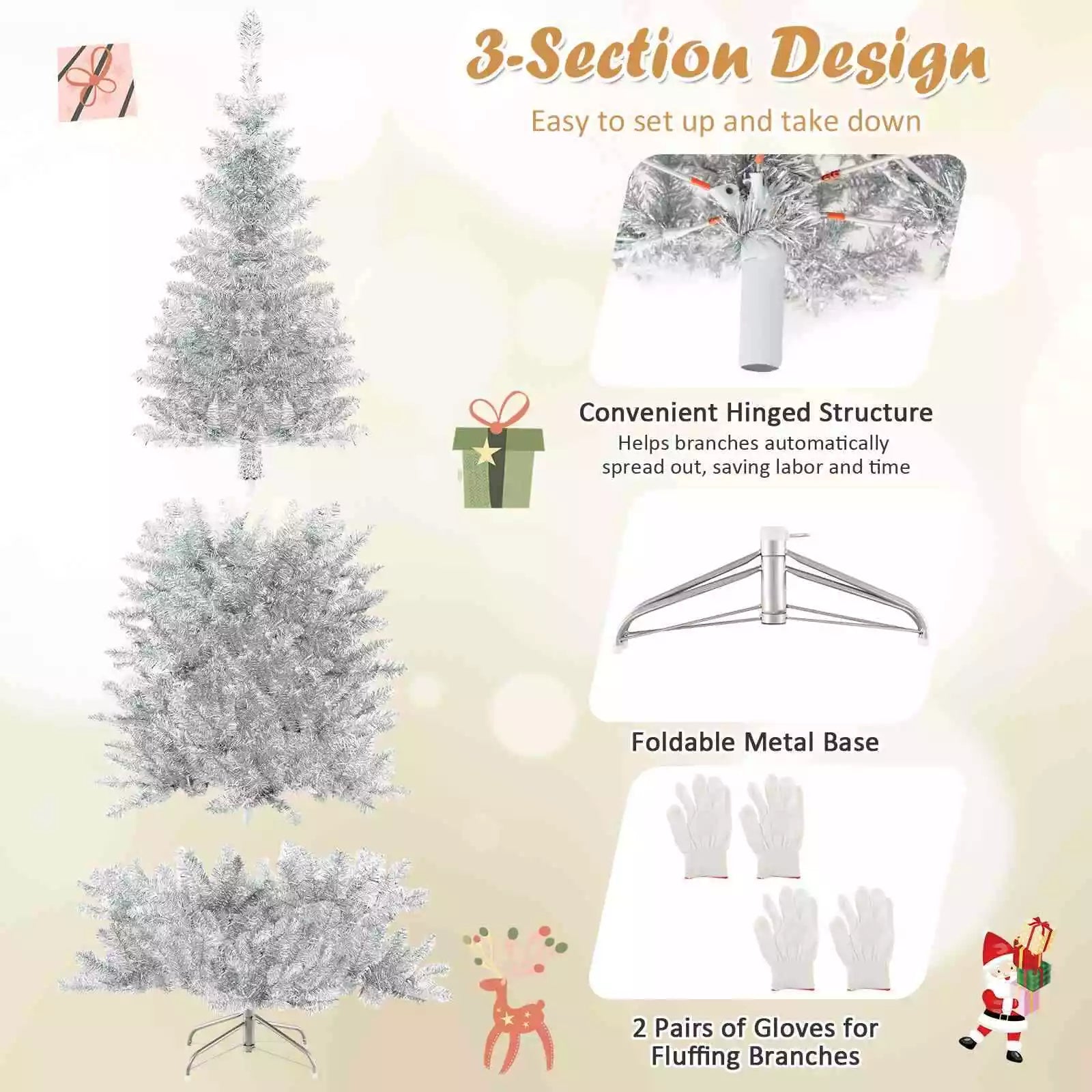 1.8 M Artificial Xmas Tree, Hinged Christmas Tree with Tinsel Leaves Easy Setup