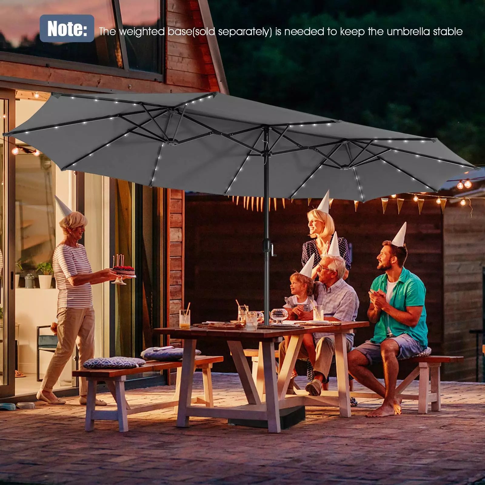 Twin Patio Umbrella 48 LED Lights Outdoor Double-Side Parasol Sun Shade Poolside